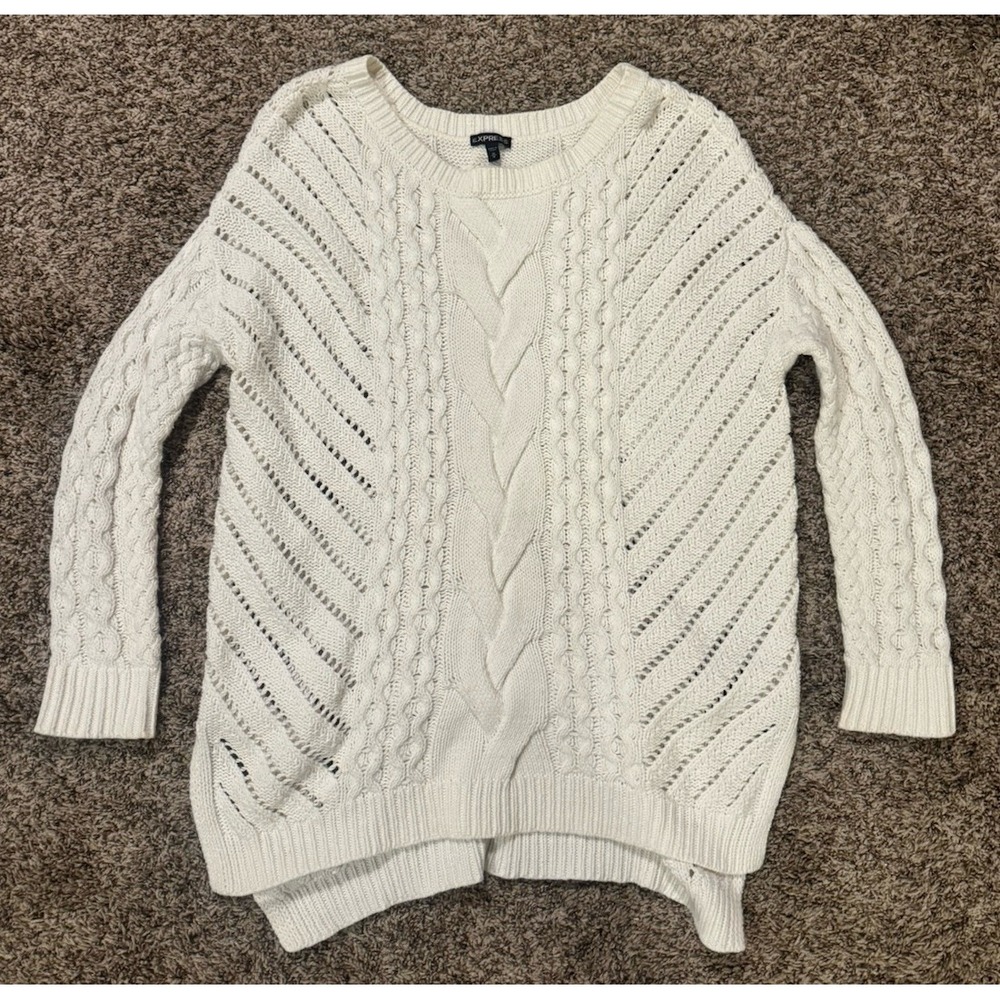 Express Sweater Womens Medium Cream Cable Knit Oversized Cottage Coastal